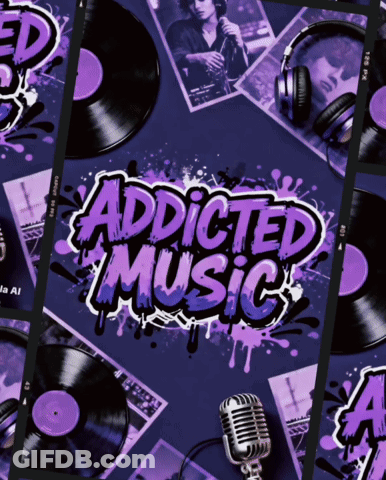 A Poster That Says " Addicted Music " Is Surrounded By Records And Headphones GIF