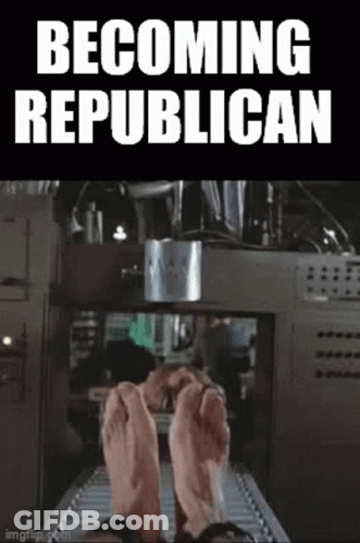 A Poster That Says Becoming Republican With A Picture Of A Person 'S Feet On A Conveyor Belt GIF