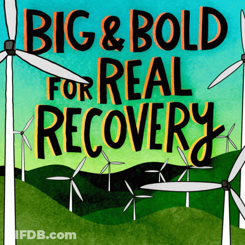 A Poster That Says Big & Bold For Real Recovery With Windmills In The Background GIF
