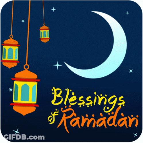 A Poster That Says Blessings Of Ramadan With A Crescent Moon And Lanterns GIF