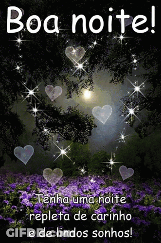 A Poster That Says Boa Noite With Purple Flowers And Hearts GIF
