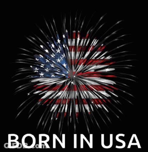 A Poster That Says Born In Usa With A Fireworks Display In The Background GIF