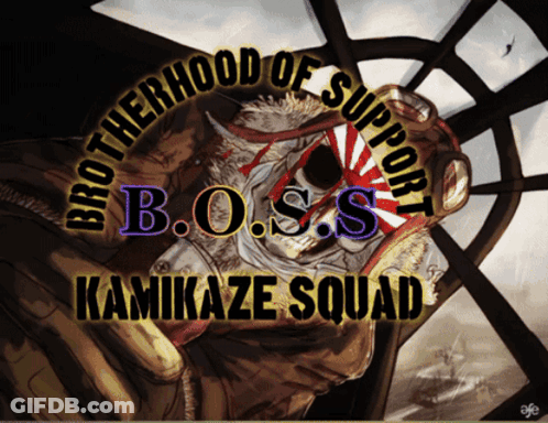 A Poster That Says Brotherhood Of Support B.o.s. Kamikaze Squad GIF