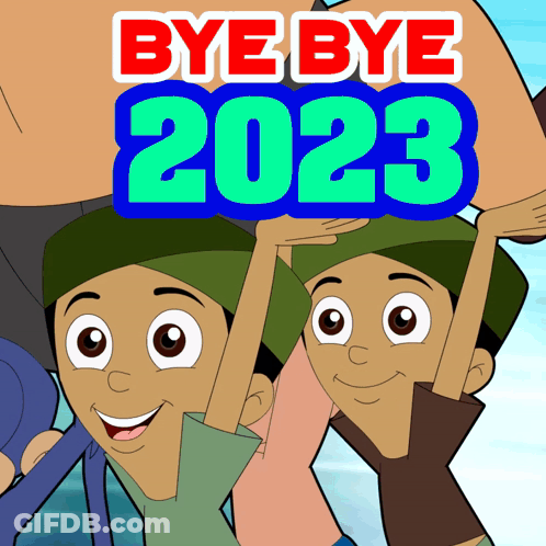A Poster That Says Bye Bye 2023 With Cartoon Characters On It GIF