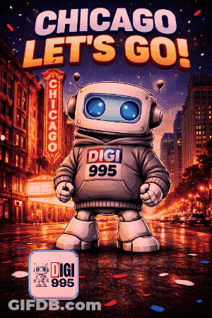 A Poster That Says Chicago Let 'S Go With A Robot On It GIF