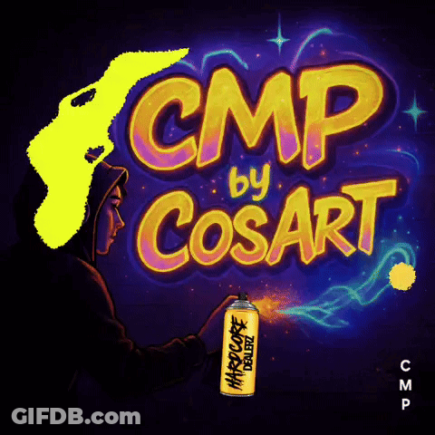 A Poster That Says Cmp By Cosart With A Person Holding A Can Of Hardcore GIF