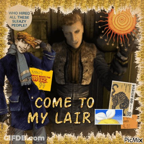 A Poster That Says Come To My Lair With A Picture Of A Man GIF