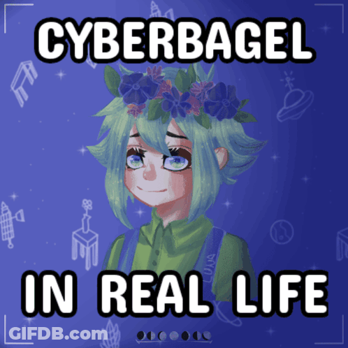 A Poster That Says Cyberbagel In Real Life With A Picture Of A Girl With Green Hair GIF