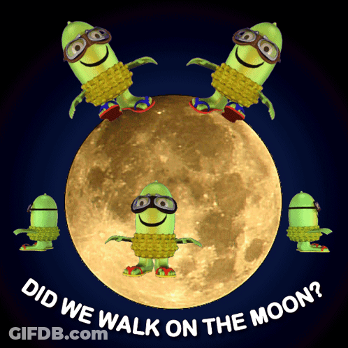 A Poster That Says " Did We Walk On The Moon " With A Full Moon In The Background GIF