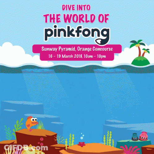 A Poster That Says Dive Into The World Of Pinkfong On It GIF