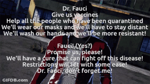 A Poster That Says " Dr. Fauci Give Us Vaccines " On It GIF