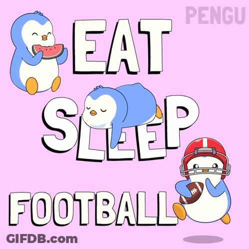A Poster That Says Eat Sleep Football With Penguins On It GIF