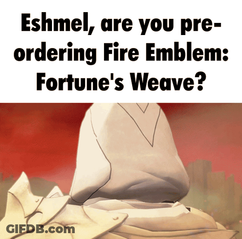 A Poster That Says ' Eshmel Are You Pre-Ordering Fire Emblem Fortune 'S Weave ' On It GIF