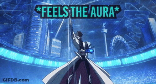 A Poster That Says Feels The Aura With A Man Holding A Blue Object GIF