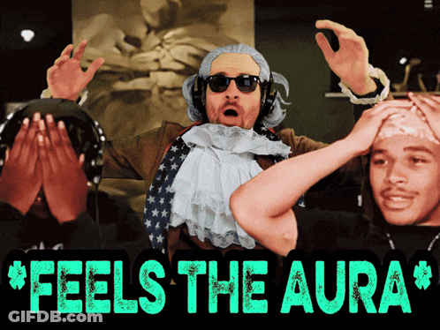 A Poster That Says Feels The Aura With A Man In An American Flag Outfit GIF