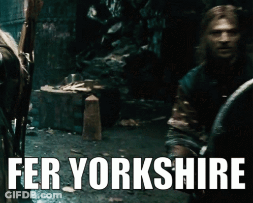 A Poster That Says Fer Yorkshire With A Man Standing In The Background GIF