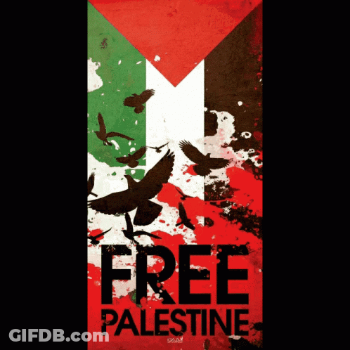 A Poster That Says Free Palestine With A Flag And Birds GIF