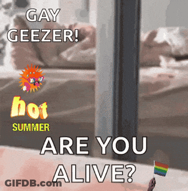 A Poster That Says Gay Geezer And Hot Summer Are You Alive GIF