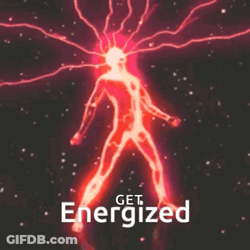 A Poster That Says Get Energized With A Red Lightning Bolt GIF