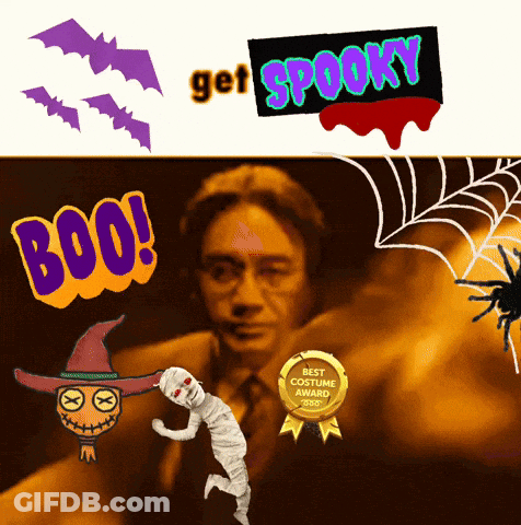 A Poster That Says Get Spooky With A Spider And A Mummy GIF
