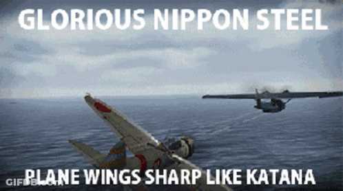 A Poster That Says Glorious Nippon Steel Plane Wings Sharp Like Katana On It GIF