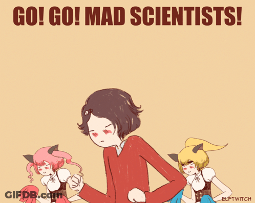 A Poster That Says Go Go Mad Scientists With Two Cheerleaders GIF