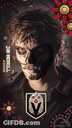 A Poster That Says Go Knights Go With A Man With Sugar Skull Makeup On His Face GIF