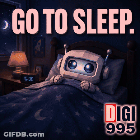 A Poster That Says Go To Sleep With A Robot On It GIF