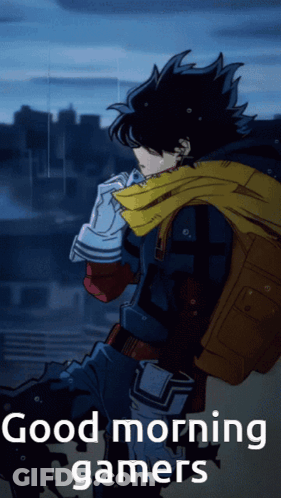 A Poster That Says Good Morning Gamers With A Picture Of A Person GIF