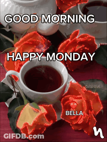 A Poster That Says Good Morning Happy Monday With Roses And A Cup Of Tea GIF