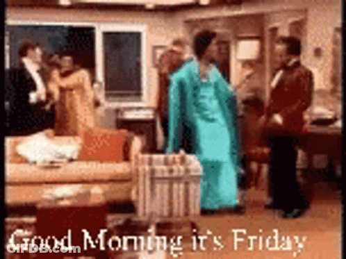 A Poster That Says Good Morning It 'S Friday With A Man In A Tuxedo GIF