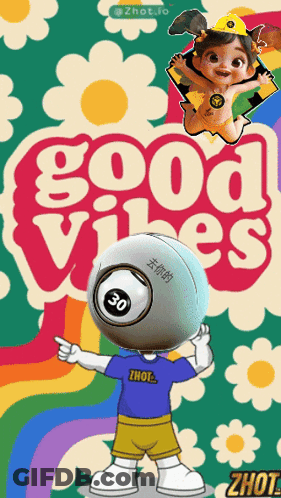 A Poster That Says Good Vibes With A Cartoon Character On It GIF