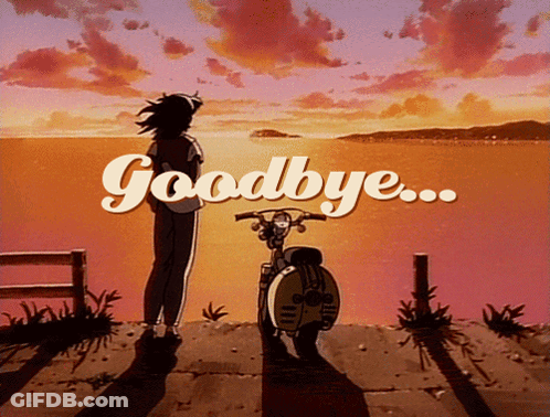 A Poster That Says Goodbye With A Person And A Scooter In The Foreground GIF
