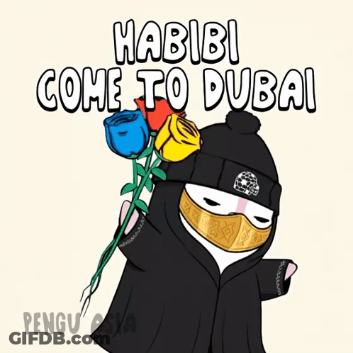 A Poster That Says Habibi Come To Dubai With A Person Holding Roses GIF