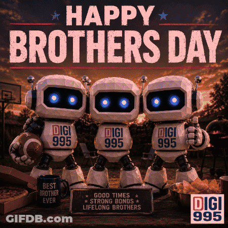 A Poster That Says Happy Brothers Day With Three Digi Robots GIF
