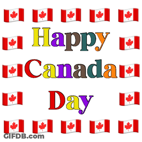 A Poster That Says Happy Canada Day With A Pattern Of Canadian Flags GIF