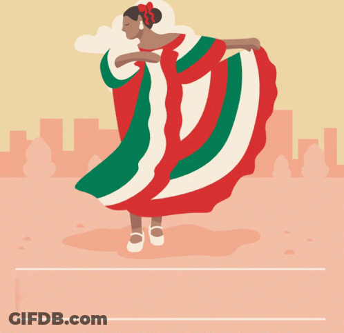 A Poster That Says Happy Cinco De Mayo With A Woman In A Red White And Green Dress GIF