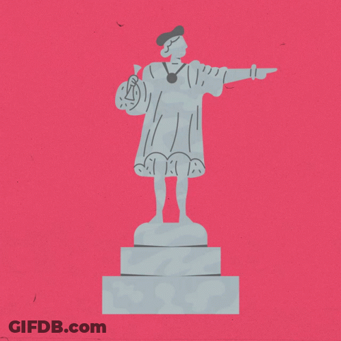 A Poster That Says Happy Columbus Day With A Statue In The Background GIF