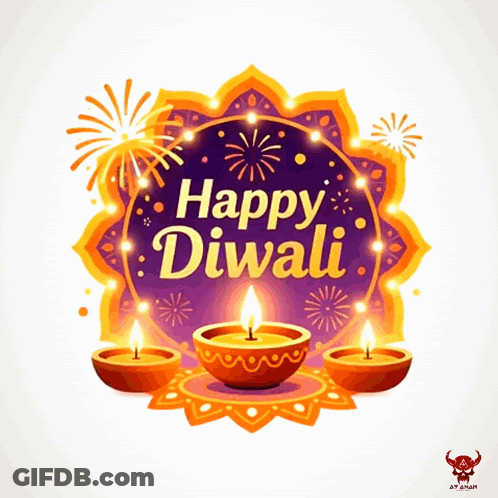 A Poster That Says Happy Diwali With Fireworks And Candles GIF