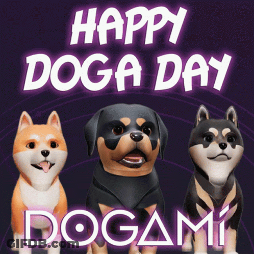 A Poster That Says Happy Doga Day Dogami With Three Dogs On It GIF