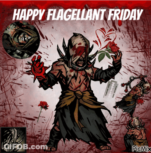A Poster That Says Happy Flagellant Friday With A Cartoon Character GIF