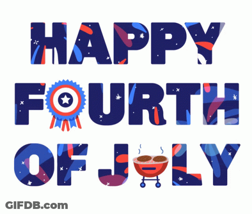 A Poster That Says Happy Fourth Of July With A Red White And Blue Ribbon GIF