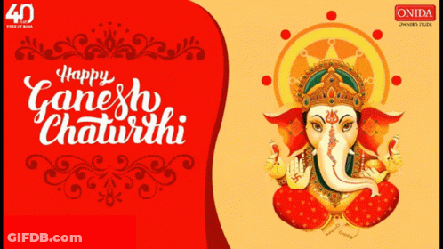 A Poster That Says Happy Ganesh Chaturthi With A Picture Of Ganesha On It GIF