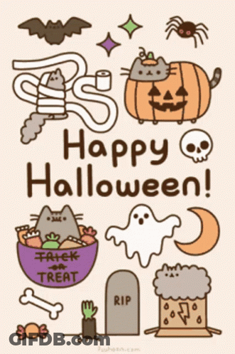 A Poster That Says Happy Halloween With A Cat And A Pumpkin GIF