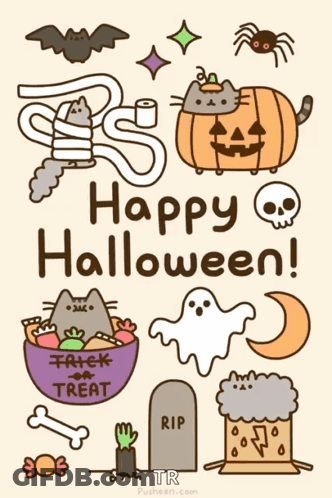 A Poster That Says Happy Halloween With A Cat And A Pumpkin GIF
