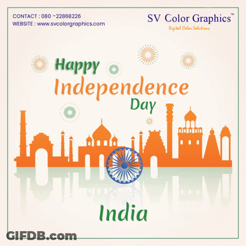 A Poster That Says Happy Independence Day India With Buildings And Fireworks GIF