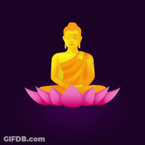 A Poster That Says Happy Mahavir Jayanti With A Statue Of Buddha On A Lotus Flower GIF