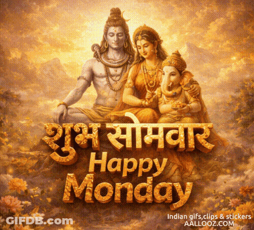 A Poster That Says Happy Monday With Shiva And Ganesha On It GIF