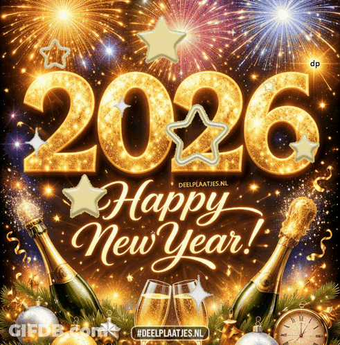 A Poster That Says Happy New Year With Bottles Of Champagne GIF