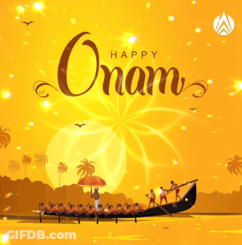A Poster That Says Happy Onam With A Boat GIF